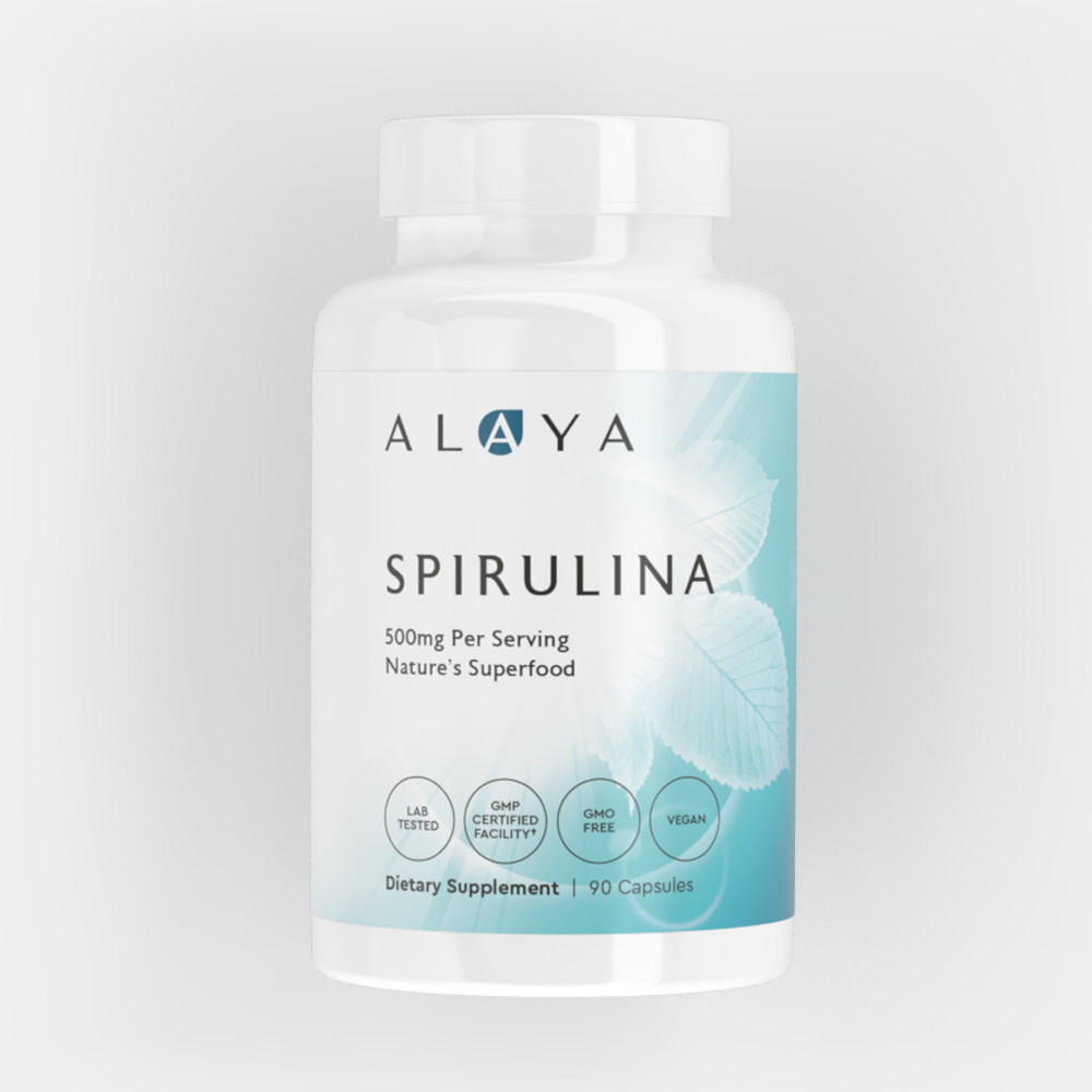 Alaya Spirulina dietary supplement bottle on a light gray background #hide