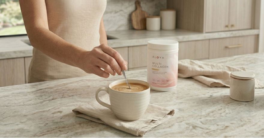 woman stirring collagen into coffee