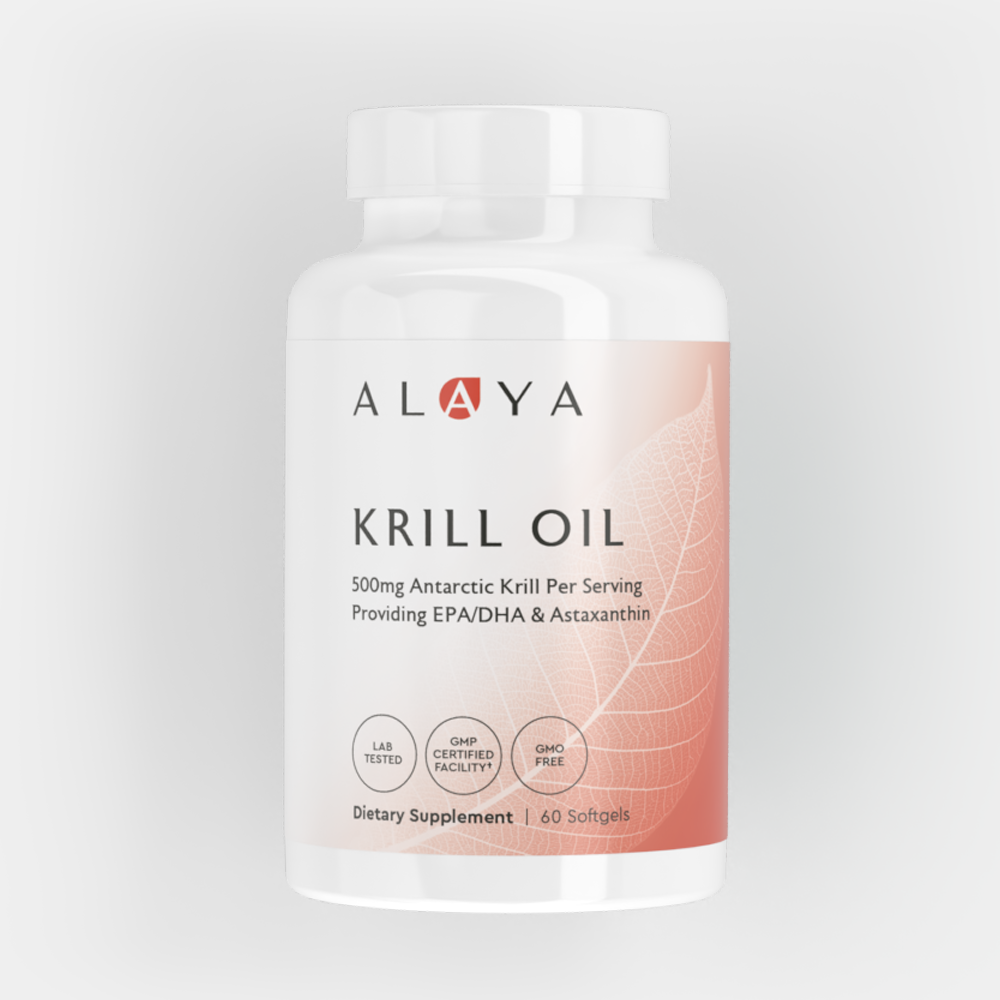 Alaya Krill Oil supplement bottle on a light gray background #hide
