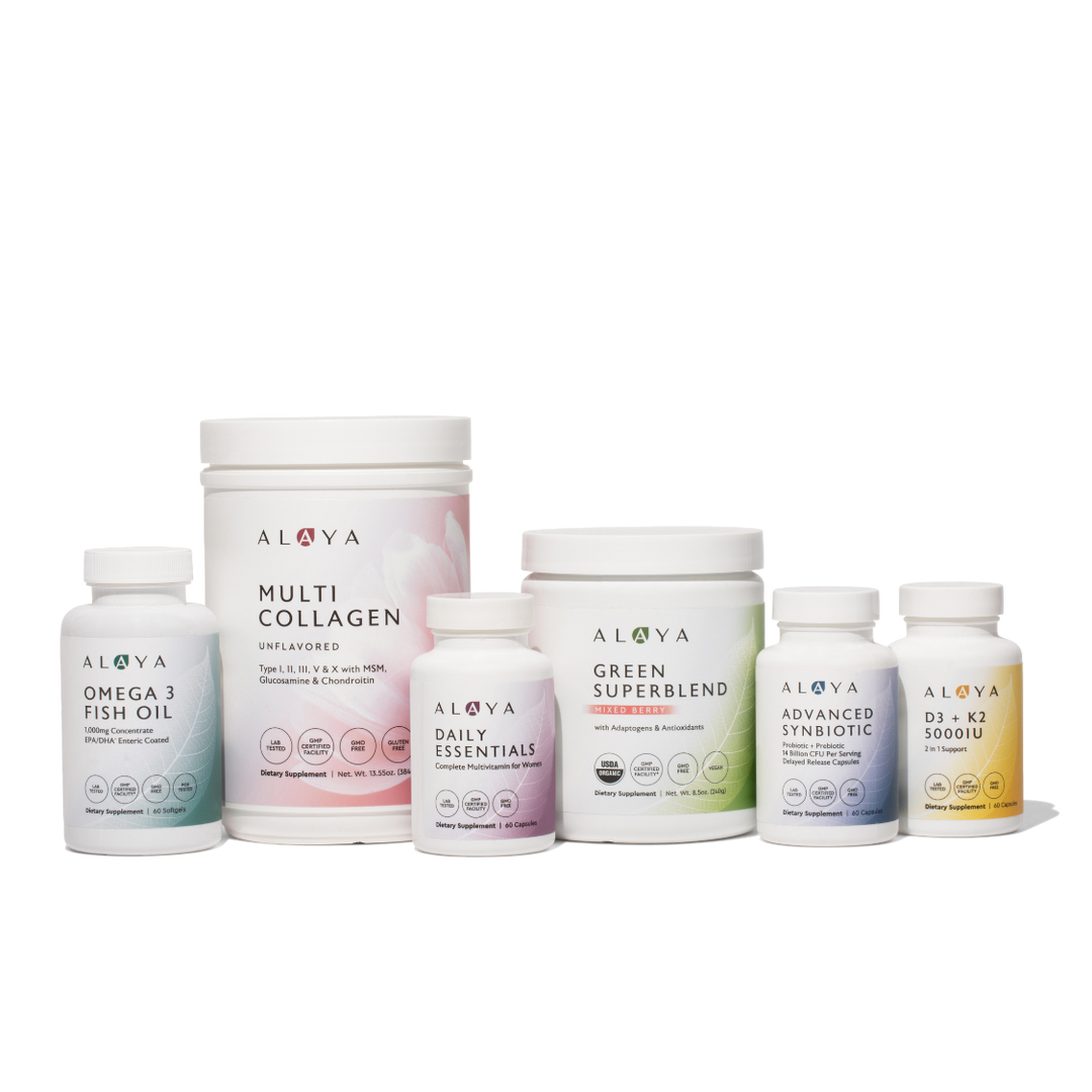 Assorted Alaya supplement bottles on a white background