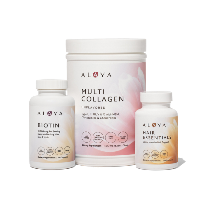Alaya supplement products including Multi Collagen, Biotin, and Hair Essentials on a white background
