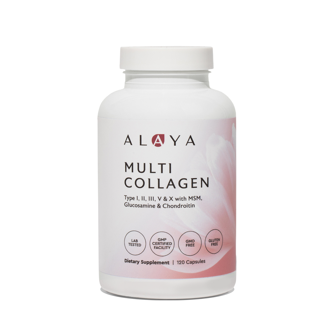 Alaya Multi Collagen Capsules supplement bottle on a clear background #hide