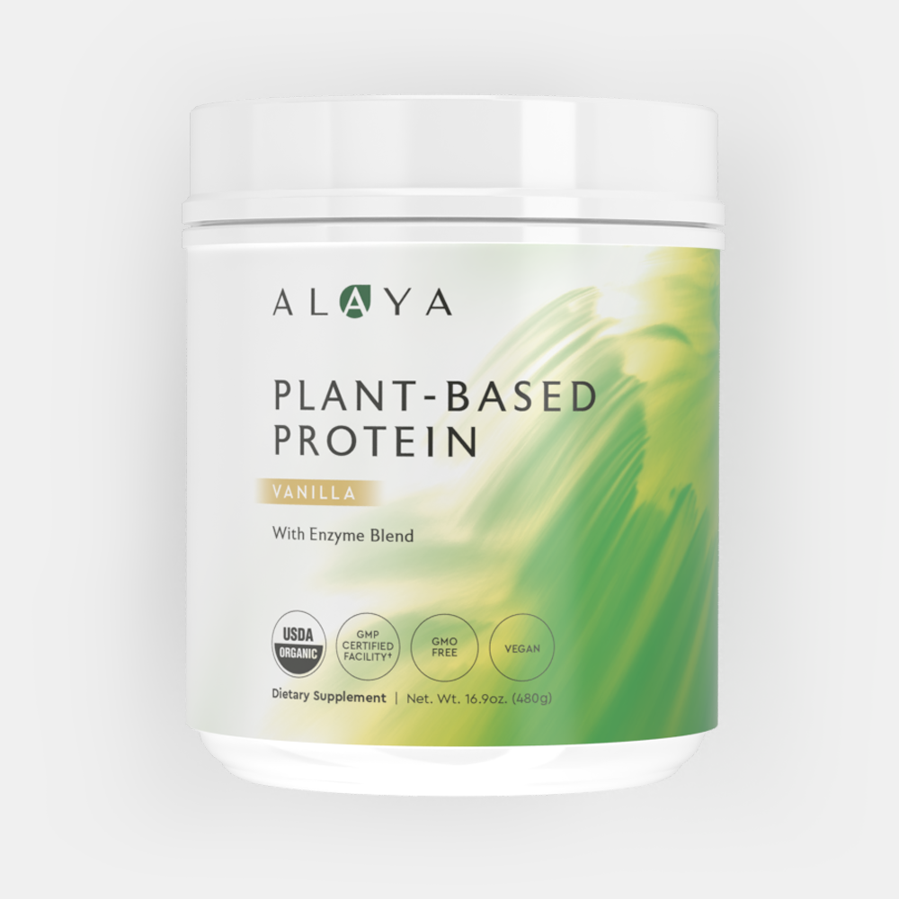 Alaya Plant-Based Protein container with vanilla flavor on a white background. #hide