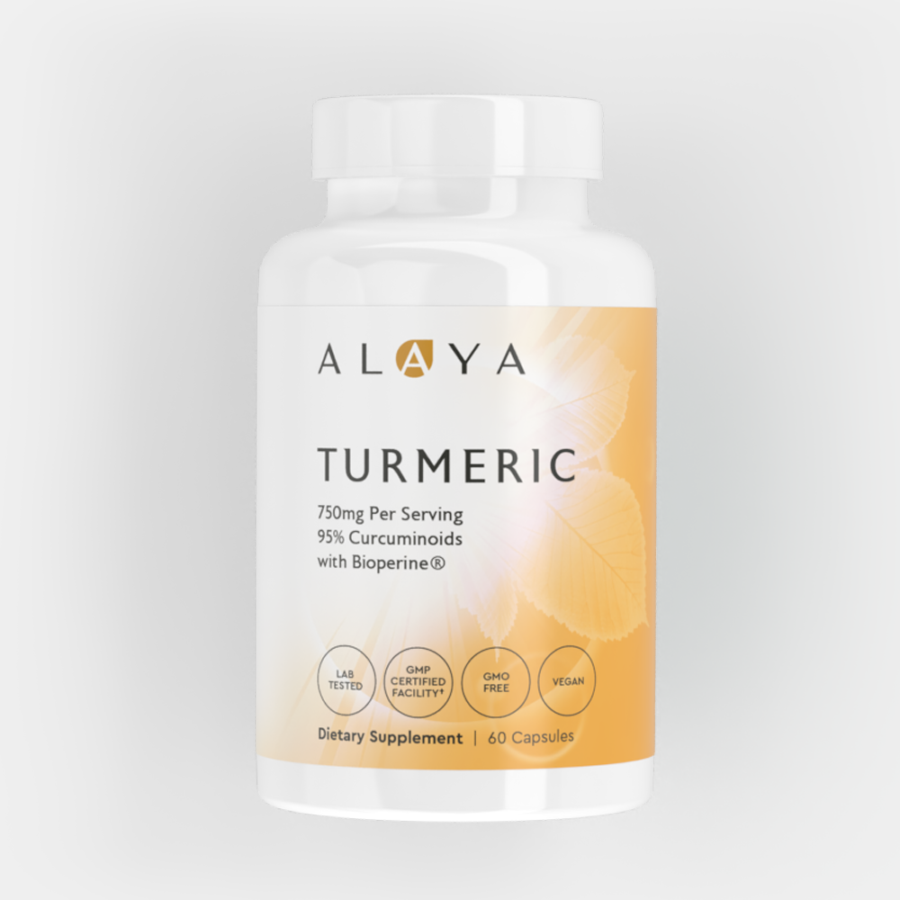 Alaya Turmeric supplement bottle on a light gray background #hide